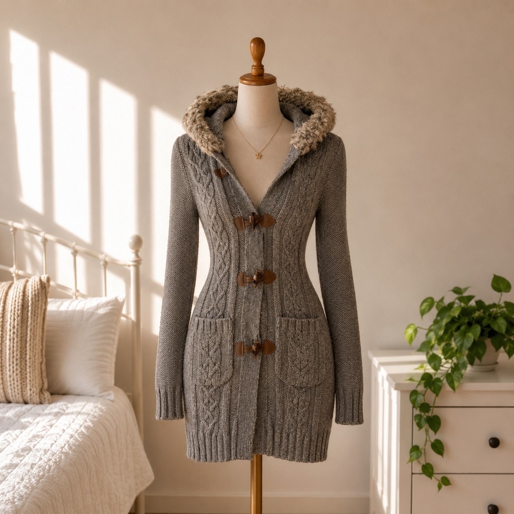 Old Navy Grey Cable Knit Toggle Cardigan Hooded Faux Fur Trim Sweater Womens M
